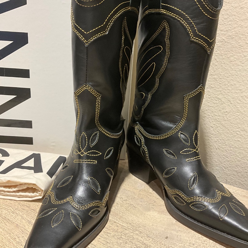 GANNI Mid Shaft Embroidered Western Cowboy Boots High Texas Boot Black Size 40 9 - Picture 7 of 16